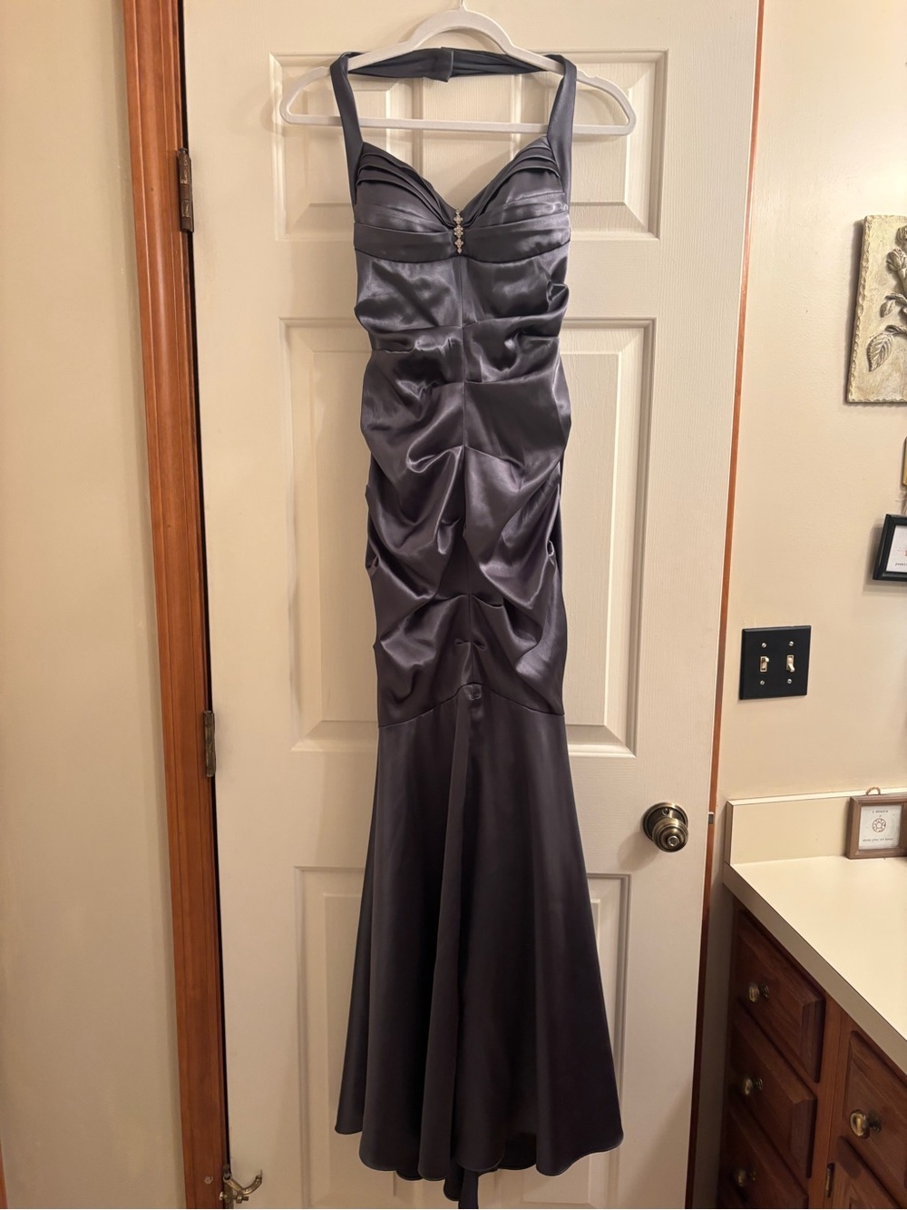 Blondie Nites Silver-Gray Ruched Satin Prom Gown